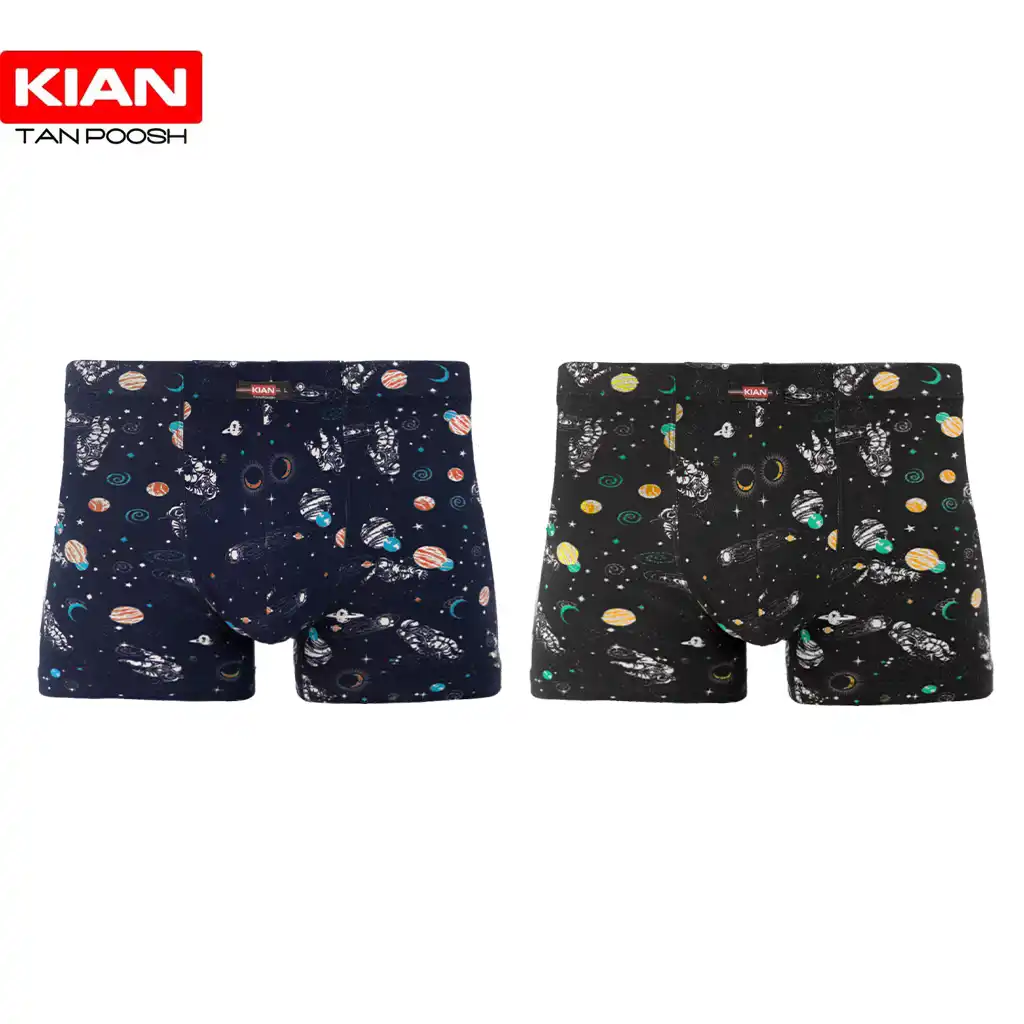 شورت پادار پنبه لاکرا طرح فضانورد رنگ سرمه‌ای-مشکی